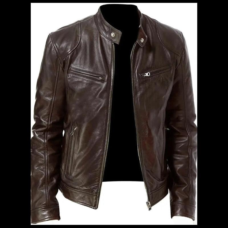 Dark Brown Leather Biker Jacket With Shoulder Panel Leathers Crafted