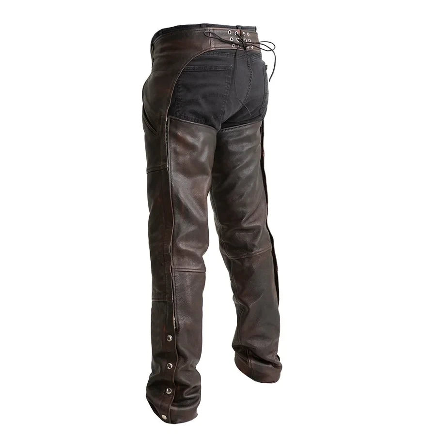 Dark brown leather chaps with a black denim back panel, shown from the rear on a white background.