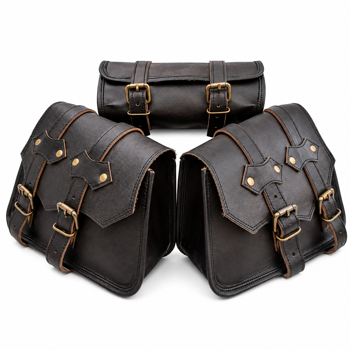 Three black leather motorcycle saddle bags with brass buckles, arranged on a white background.