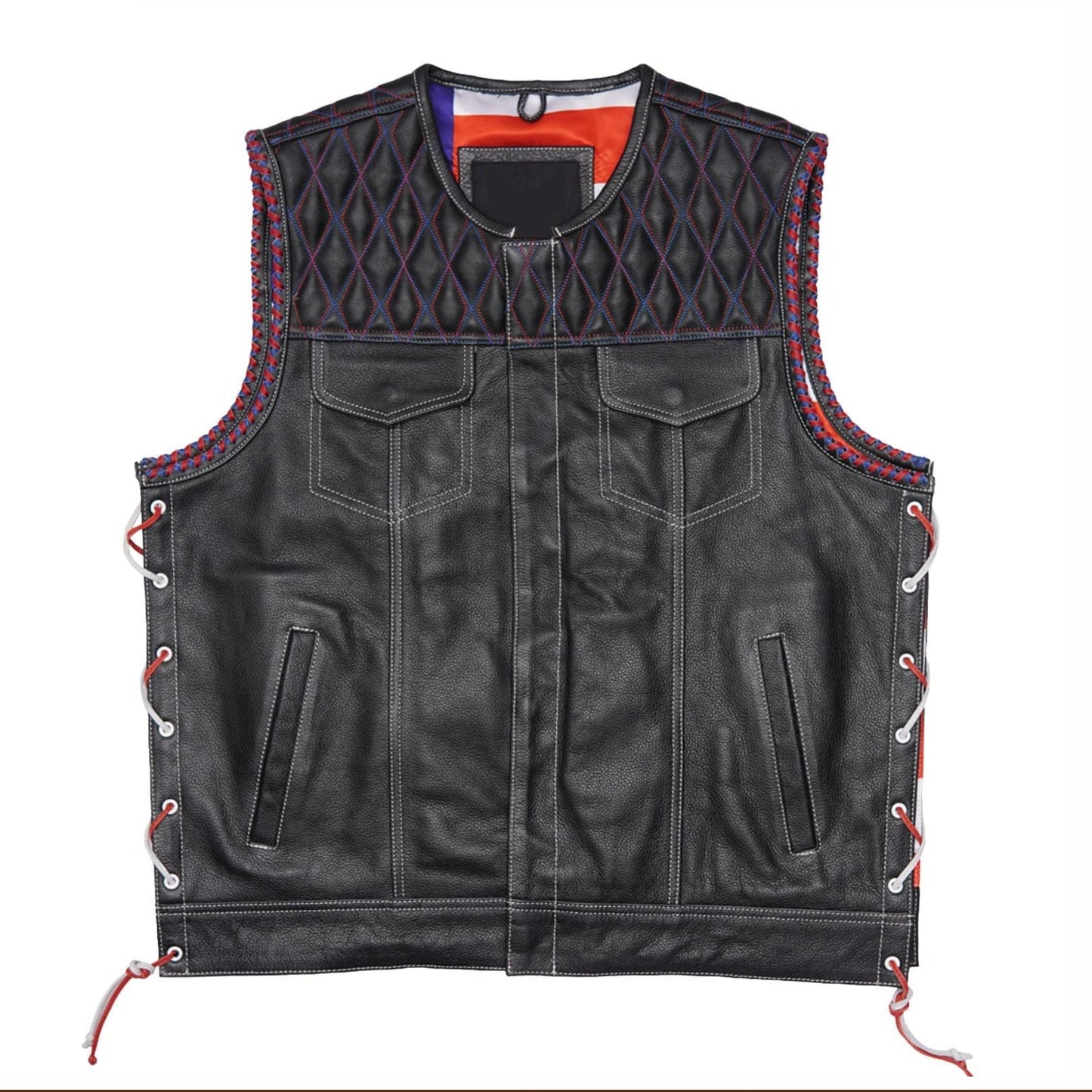 Stylish Diamond Quilted Black Leather Vest Featuring Double Stitching and Flag Liner Leathers Crafted