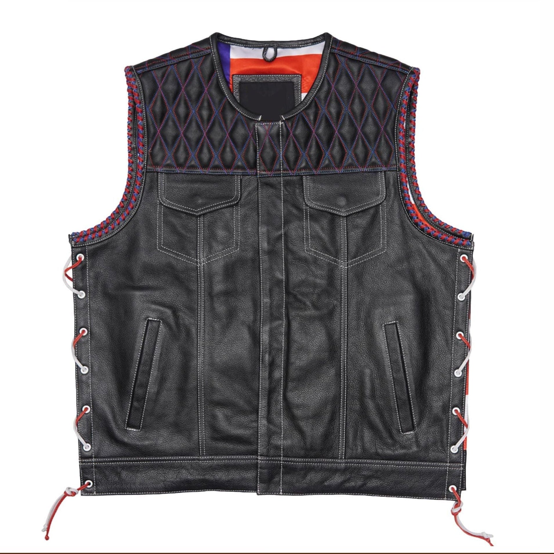 Stylish Diamond Quilted Black Leather Vest Featuring Double Stitching and Flag Liner Leathers Crafted