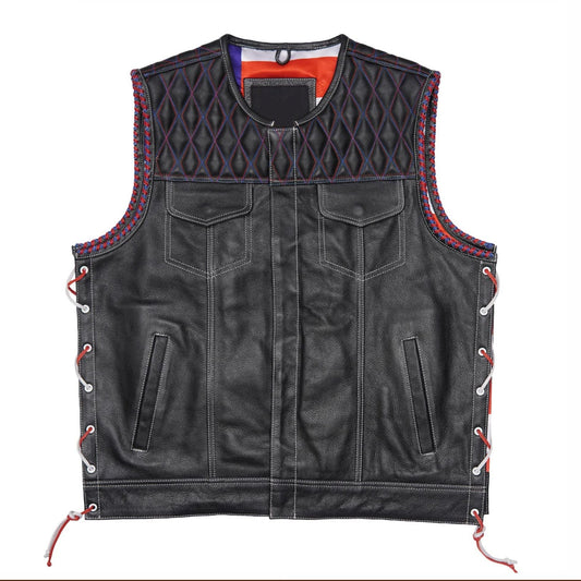 Stylish Diamond Quilted Black Leather Vest Featuring Double Stitching and Flag Liner Leathers Crafted