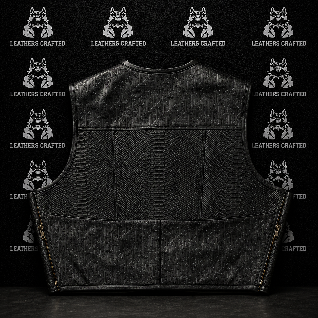 Black leather vest with a textured pattern, featuring zippered side pockets and a structured back panel, displayed against a dark background with a repeating wolf logo pattern.