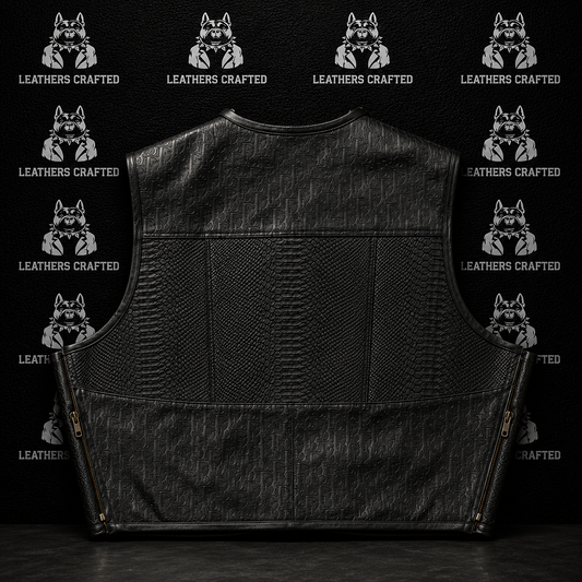 Black leather vest with a textured pattern, featuring zippered side pockets and a structured back panel, displayed against a dark background with a repeating wolf logo pattern.