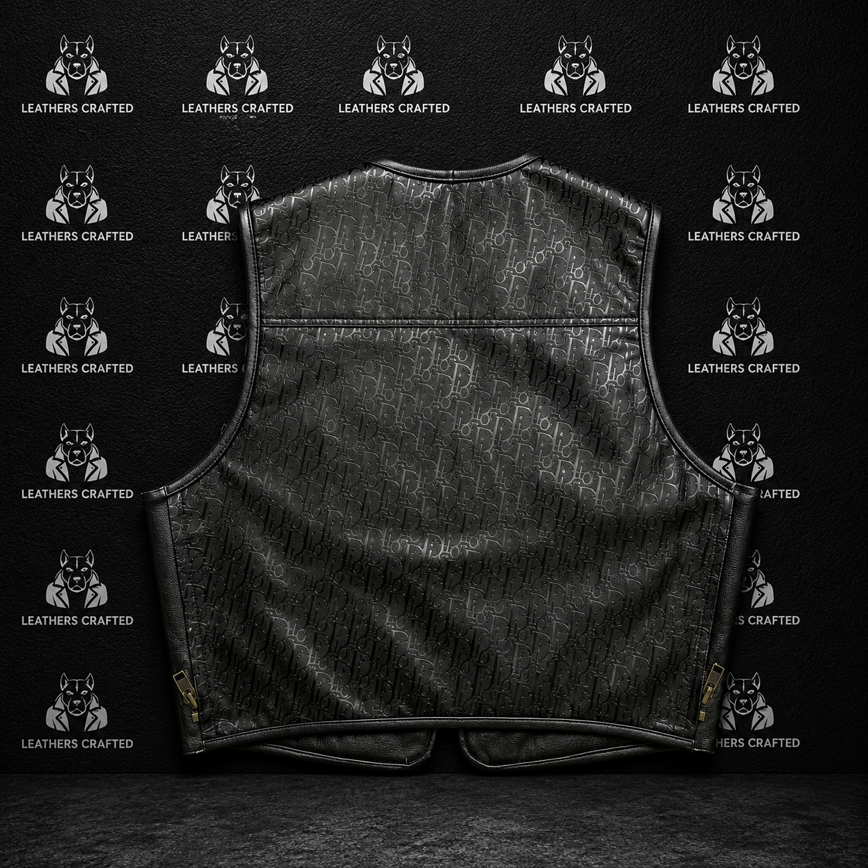 Black leather motorcycle vest with an allover tonal monogram pattern, shown from the back against a dark textured background with a repeating 'Leathers Crafted' logo pattern.