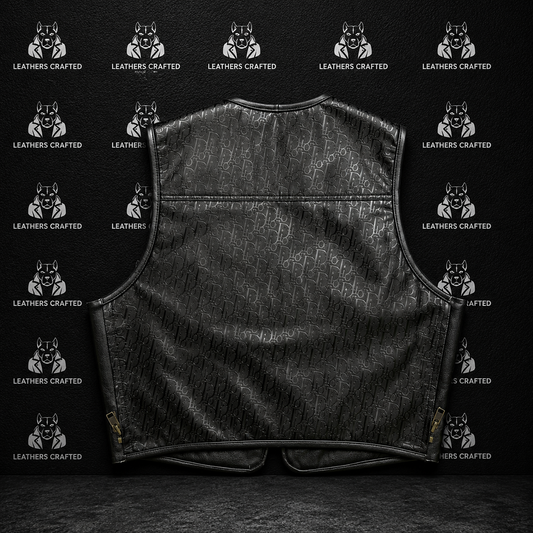 Black leather motorcycle vest with an allover tonal monogram pattern, shown from the back against a dark textured background with a repeating 'Leathers Crafted' logo pattern.