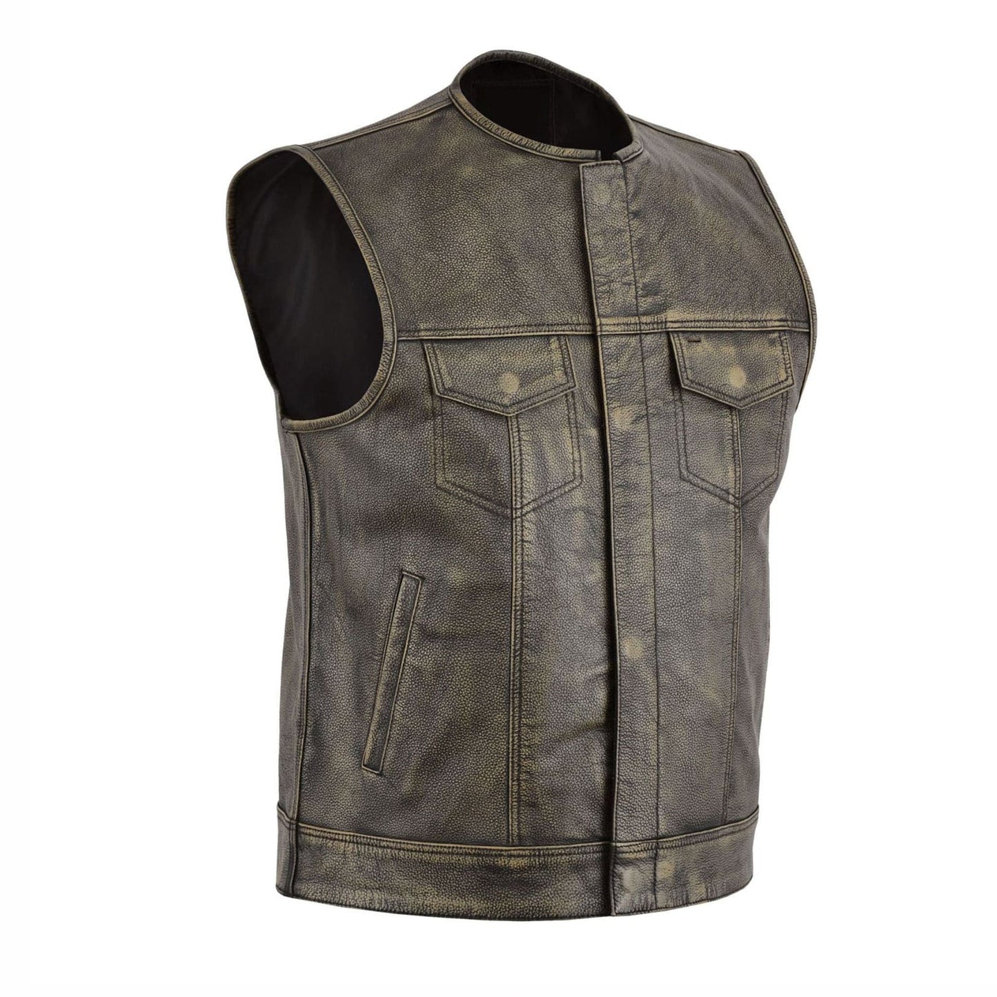 Distressed Brown Collarless Leather Vest Leathers Crafted