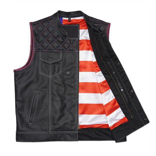 Double-Stitched Black Leather Vest Featuring Inner Flag Design Leathers Crafted