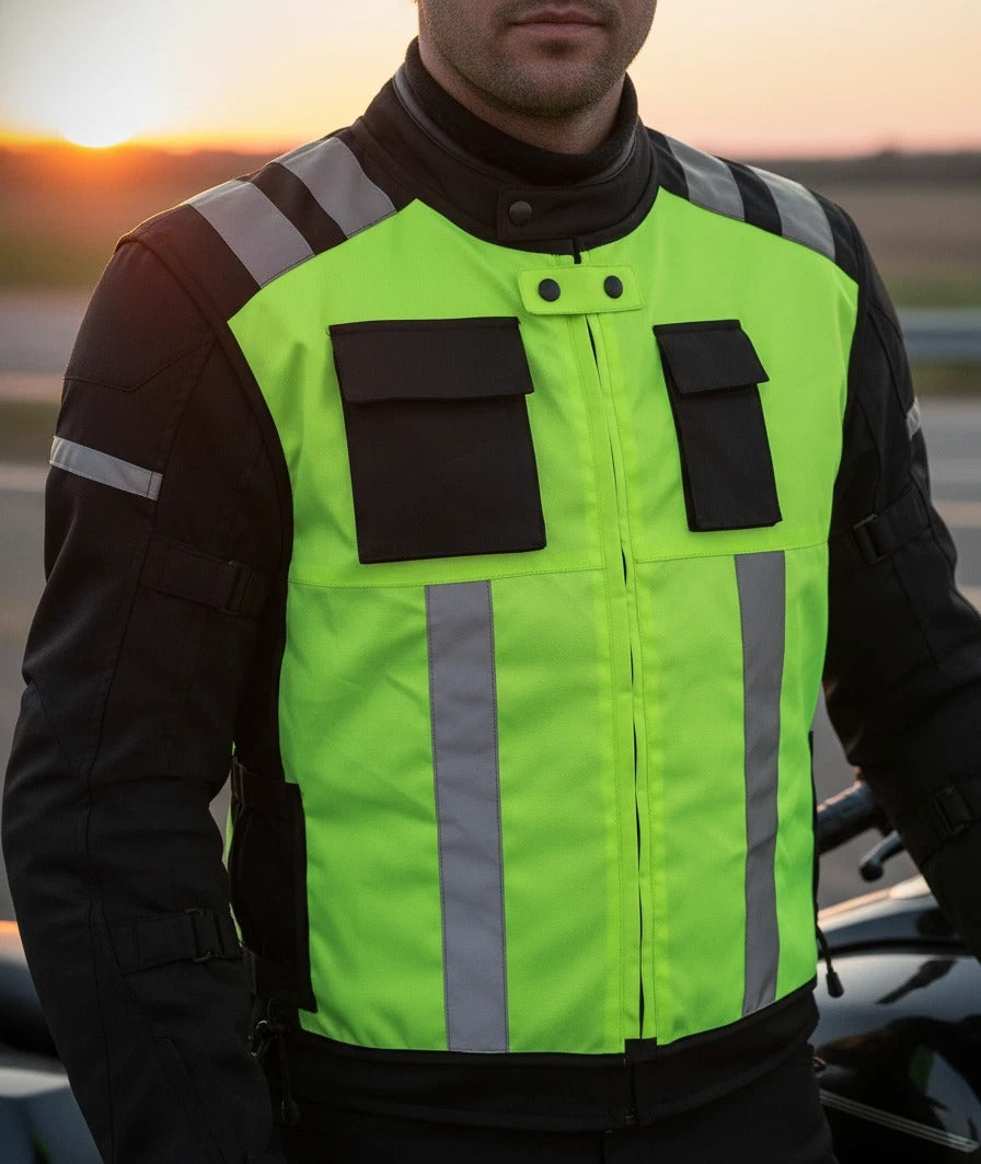 A close-up of a person wearing a high-visibility neon yellow-green motorcycle jacket vest over a black riding jacket, with reflective silver stripes and black front pockets, photographed outdoors at sunset.