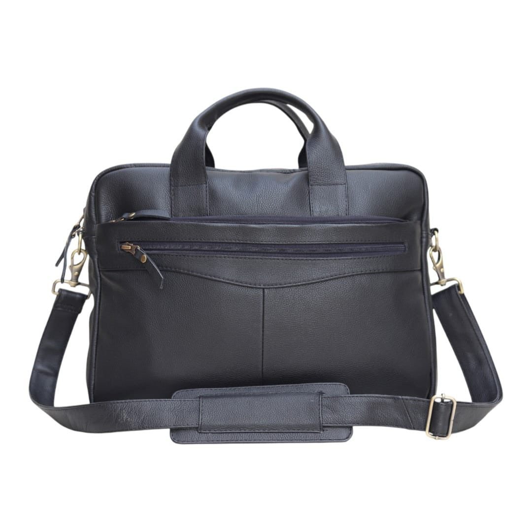 Leathers Crafted black genuine leather business briefcase with adjustable shoulder strap and multiple compartments