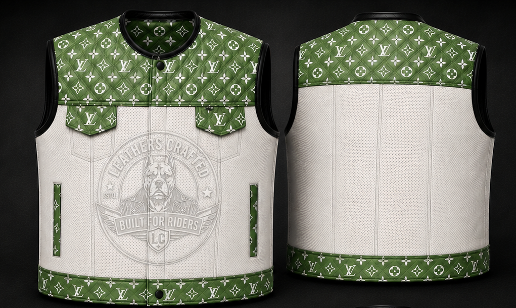Premium Handmade Green & White Leather Biker Vest – Custom Motorcycle Rider Waistcoat with Perforated Leather