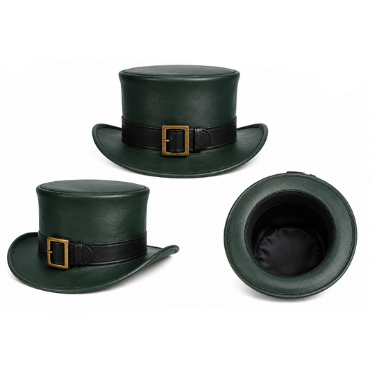 Green top hat with black band and gold buckle on a white background