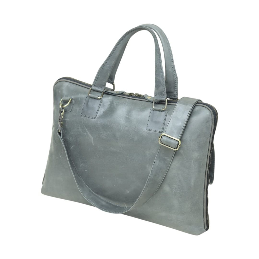 Leathers Crafted grey distressed genuine leather briefcase for men with shoulder strap