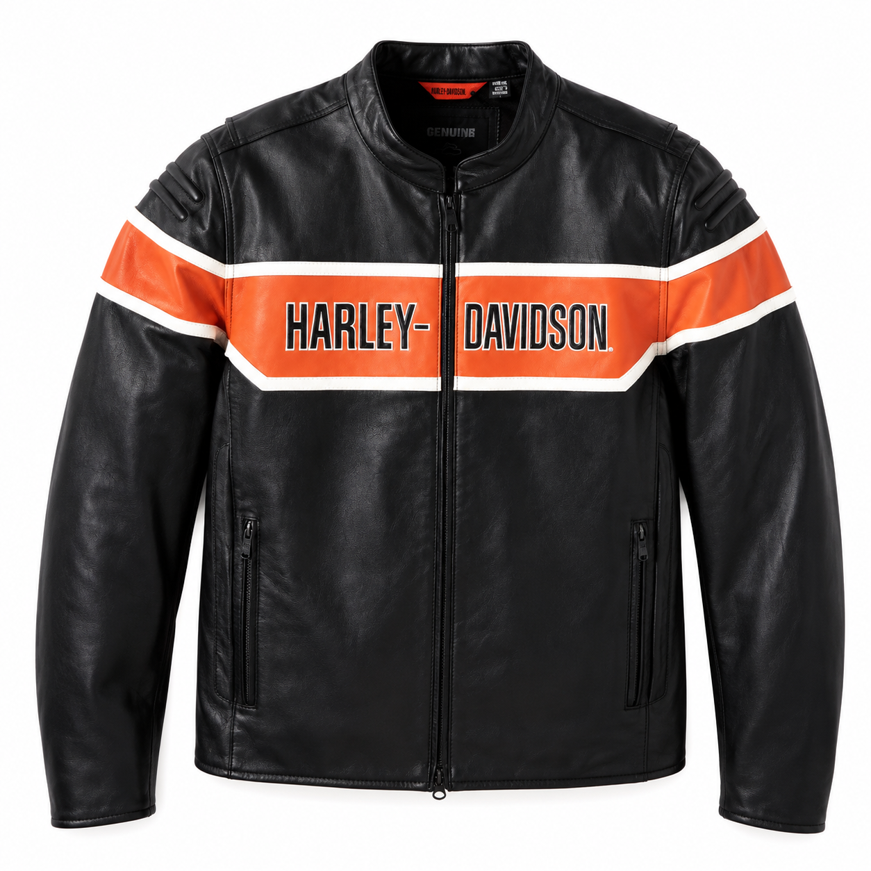 Harley-Davidson Victory Lane II black leather jacket with orange and white chest stripe logo