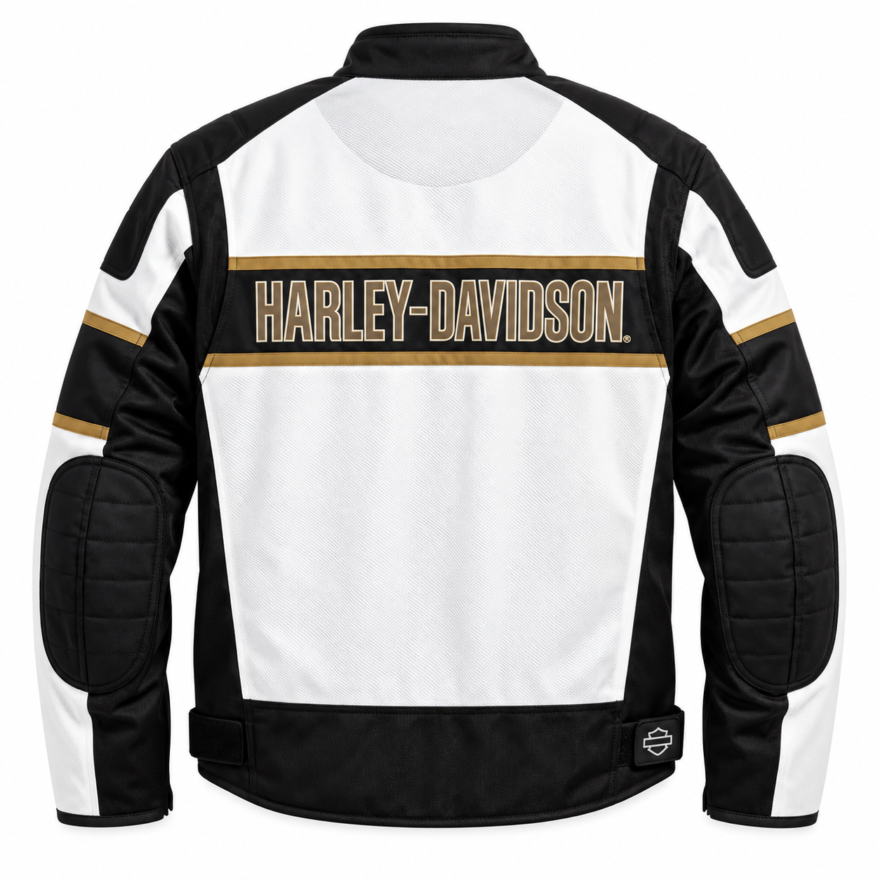 Back view of a black and white motorcycle jacket with gold accents, featuring 'HARLEY-DAVIDSON' printed across the upper back and a small logo patch near the bottom hem.