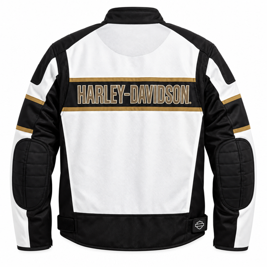 Back view of a black and white motorcycle jacket with gold accents, featuring 'HARLEY-DAVIDSON' printed across the upper back and a small logo patch near the bottom hem.