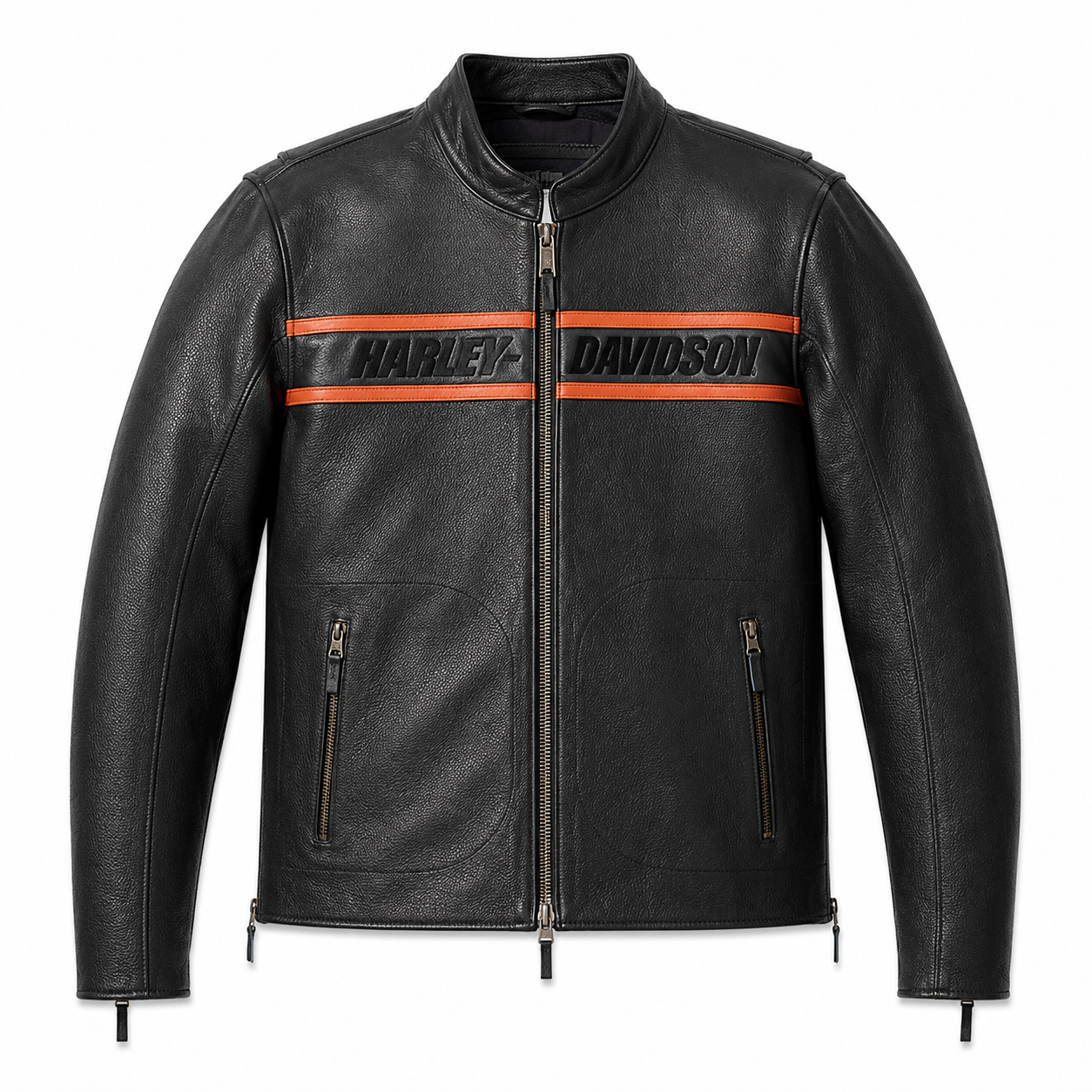 Harley-Davidson black leather jacket with embossed logo stripe and thin orange piping