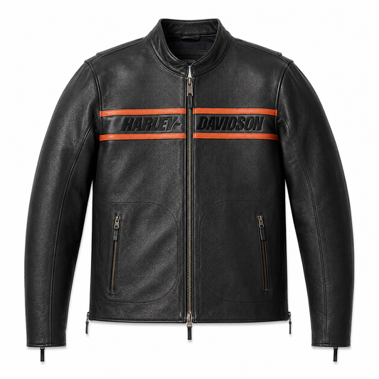 Harley-Davidson black leather jacket with embossed logo stripe and thin orange piping