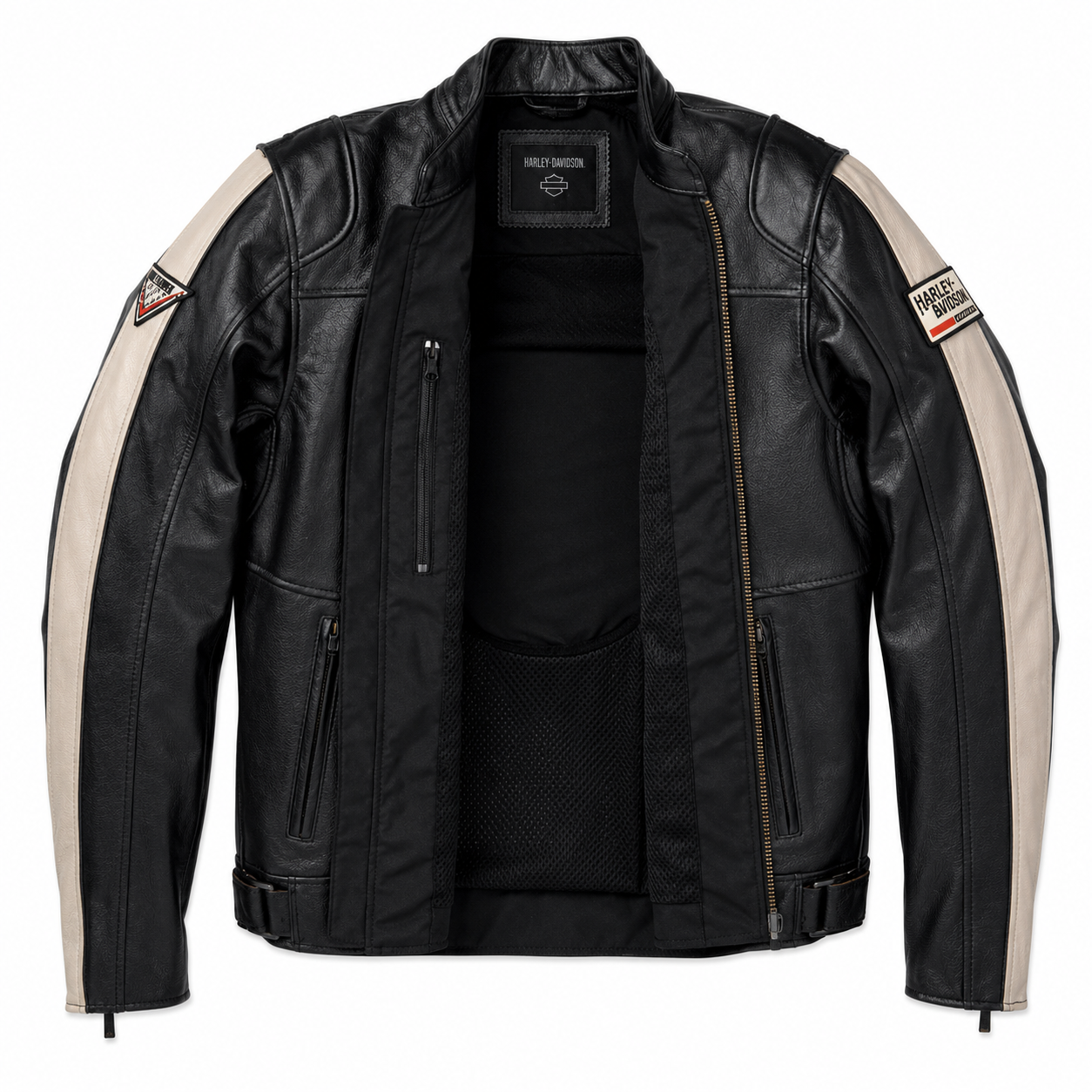 Harley-Davidson Men's Black Leather Racing Jacket – Cream Shoulder Panels & Bar & Shield Logo