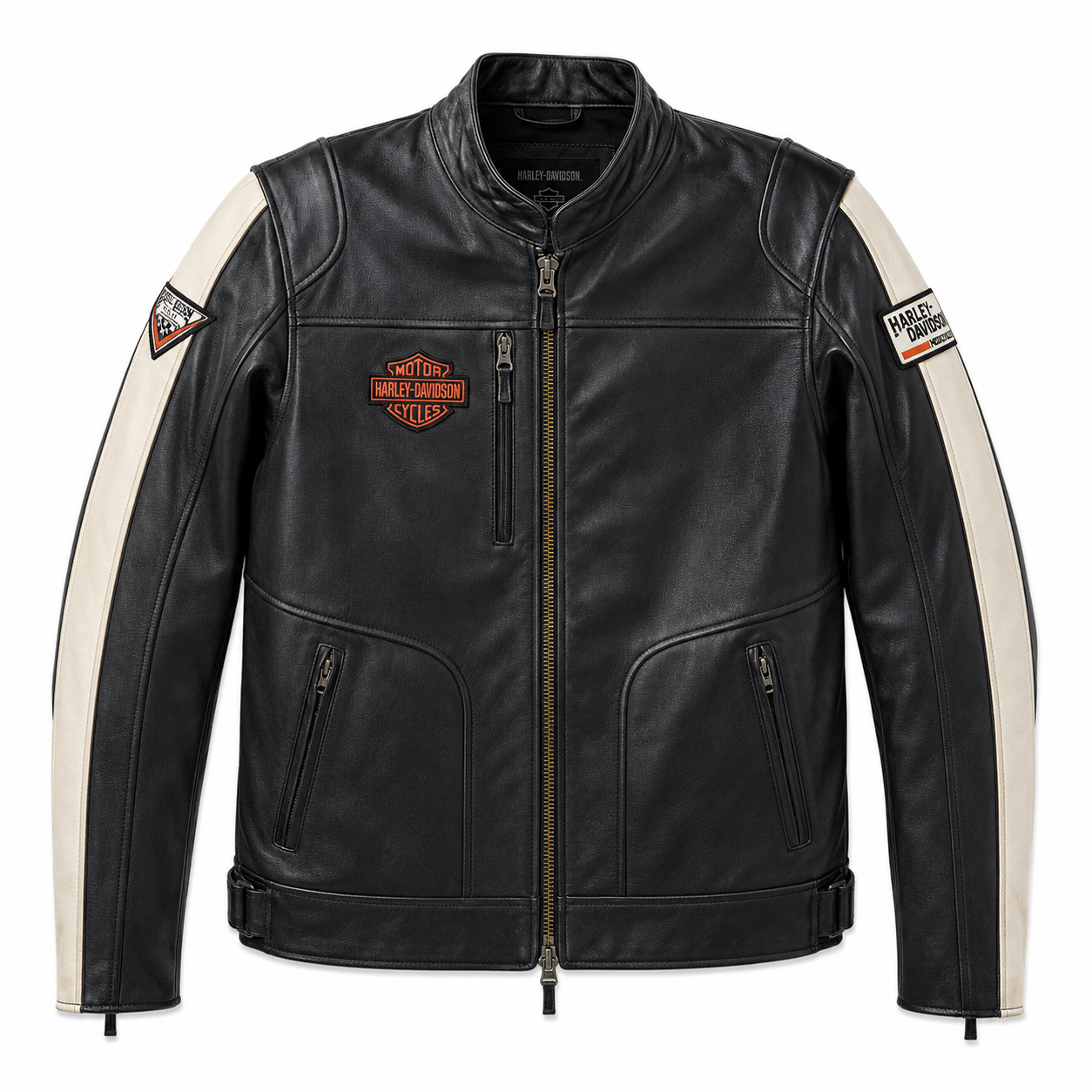 Harley-Davidson black leather racing jacket with cream shoulder panels and Bar and Shield logo patch