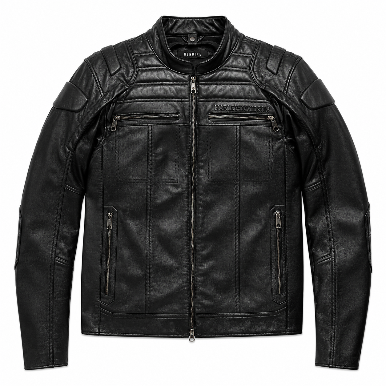 Harley-Davidson genuine black leather jacket with padded armored shoulders and embossed logo