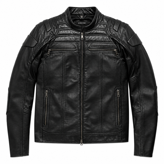Harley-Davidson genuine black leather jacket with padded armored shoulders and embossed logo