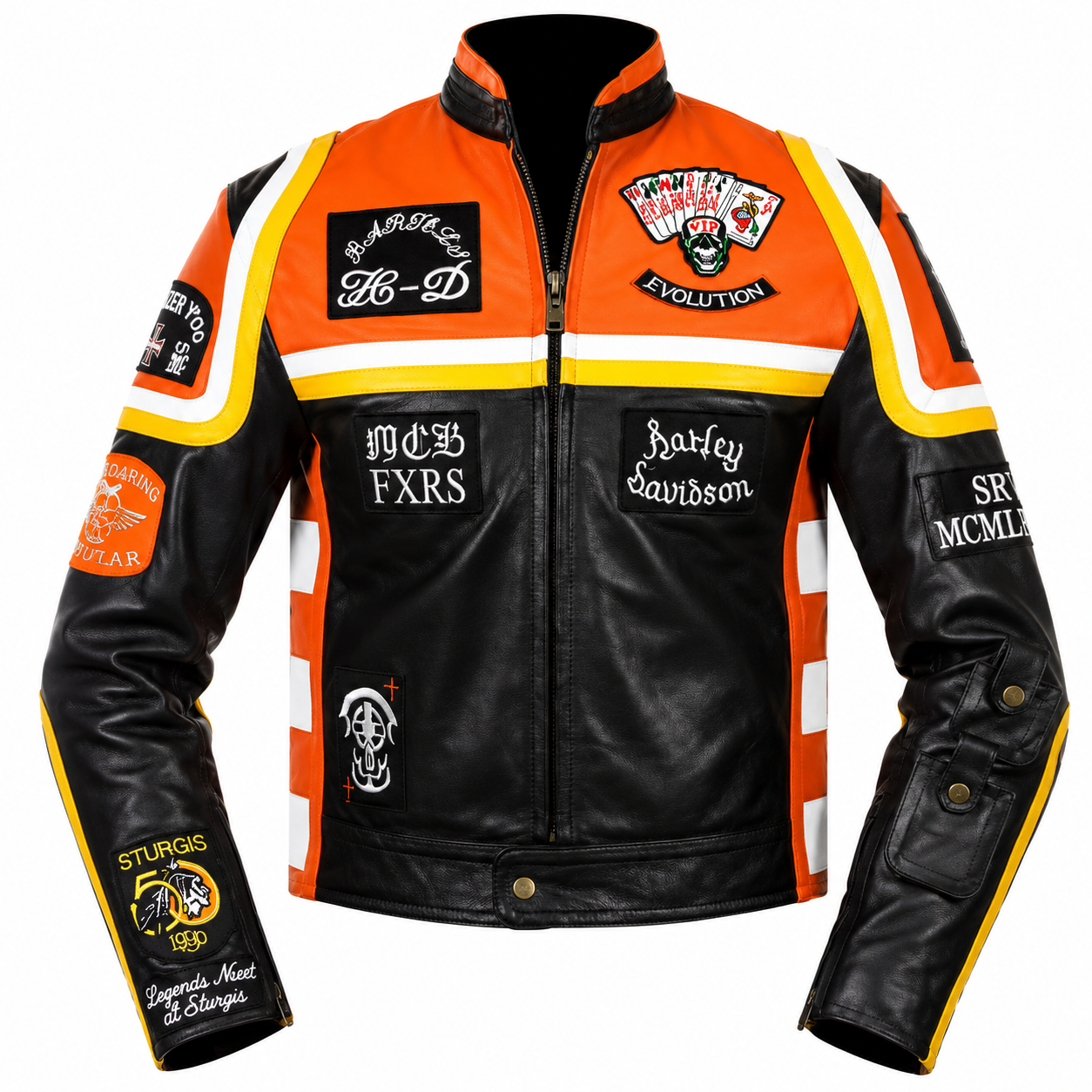 Harley-Davidson orange and black leather jacket with vintage embroidered patches