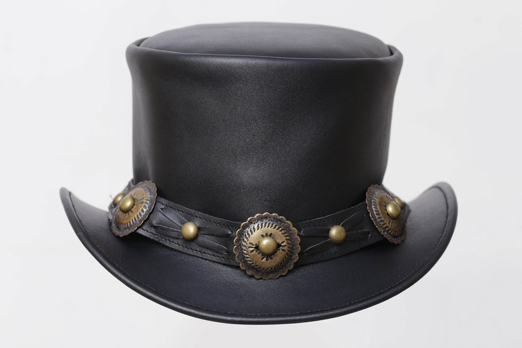 Distressed BLACK Leather Top Hat with Decorative Band Leathers Crafted