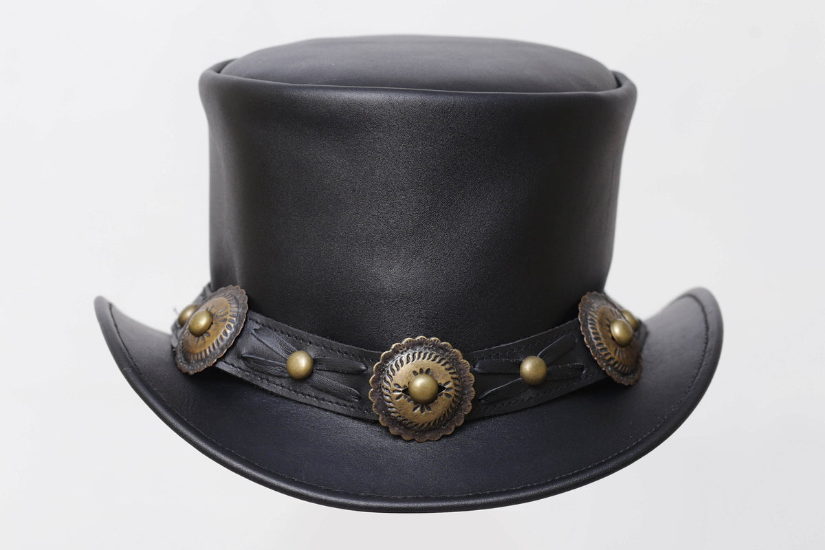 Distressed BLACK Leather Top Hat with Decorative Band Leathers Crafted