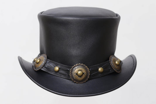 Distressed BLACK Leather Top Hat with Decorative Band Leathers Crafted
