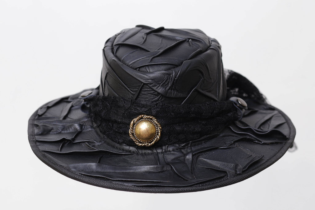 Pork Pie leather Hat With Metal Logo Leathers Crafted