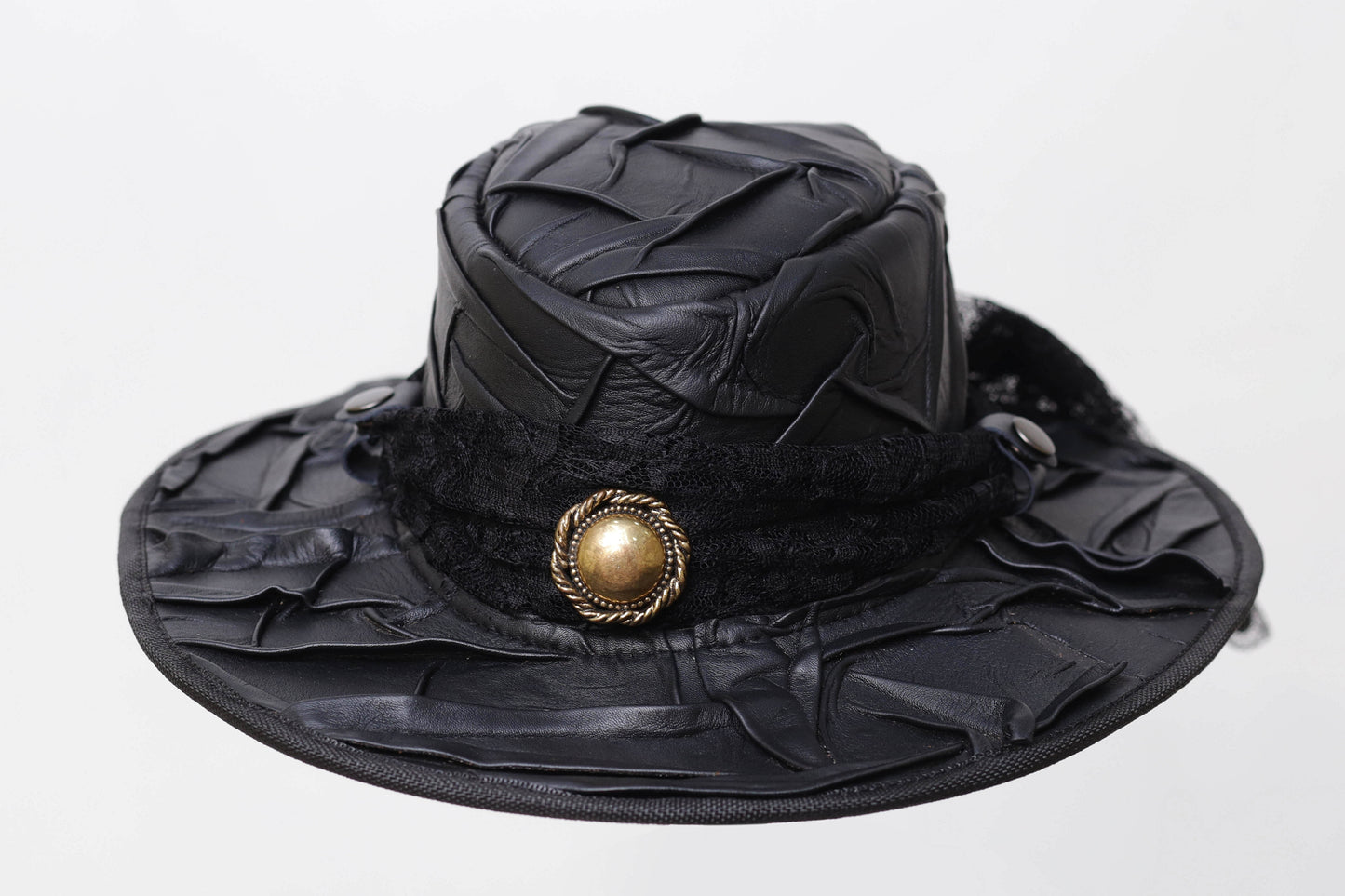 Pork Pie leather Hat With Metal Logo Leathers Crafted