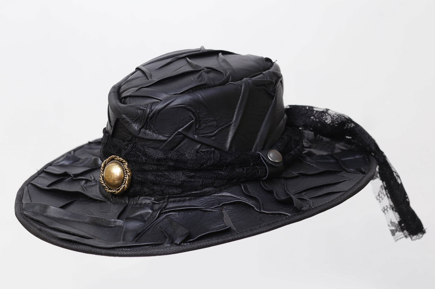 Pork Pie leather Hat With Metal Logo Leathers Crafted