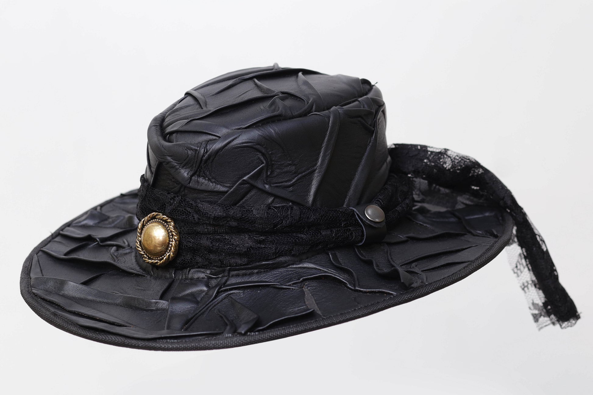 Pork Pie leather Hat With Metal Logo Leathers Crafted
