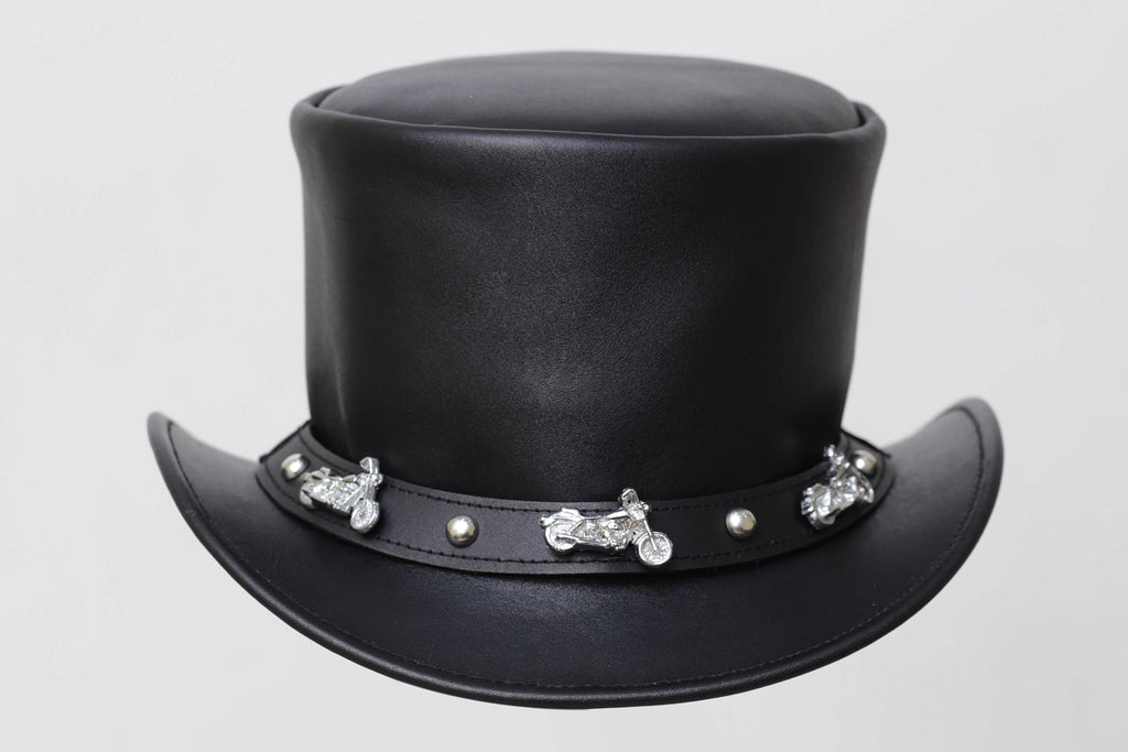 Distressed BLACK Leather Top Hat with Decorative Band Leathers Crafted
