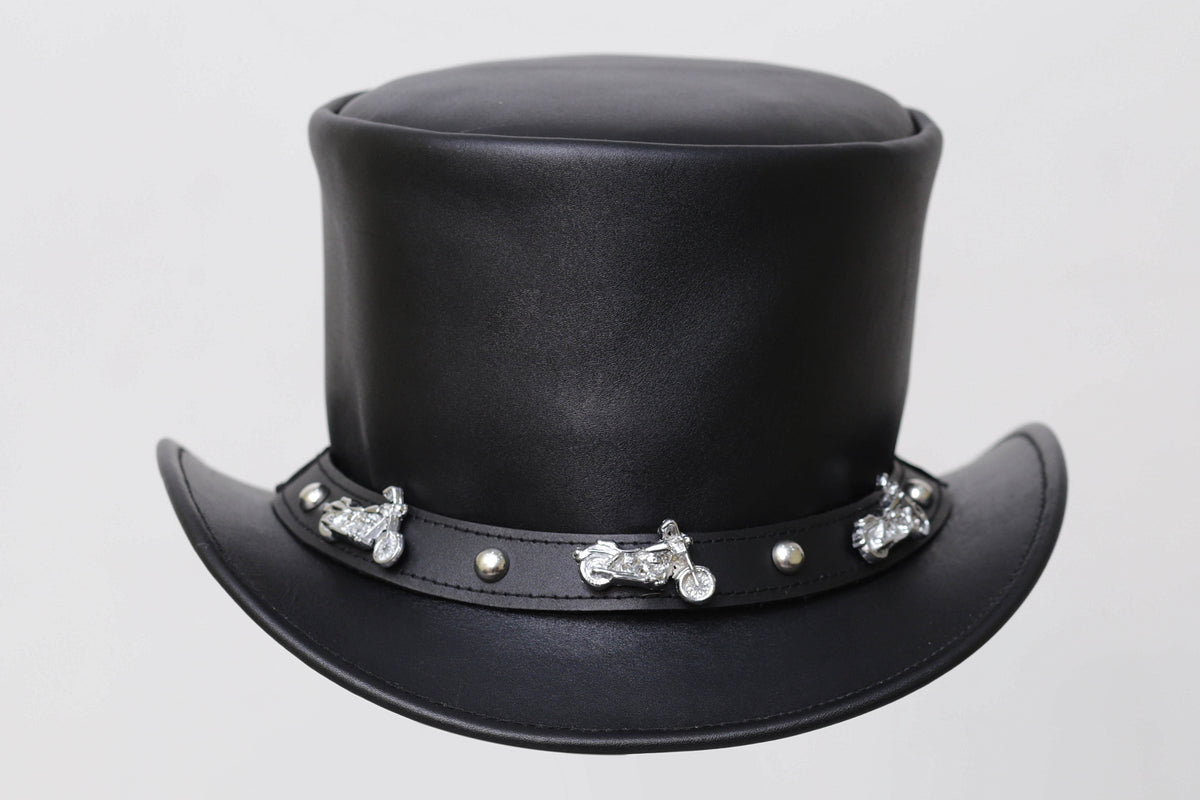 Distressed BLACK Leather Top Hat with Decorative Band Leathers Crafted