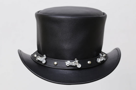 Distressed BLACK Leather Top Hat with Decorative Band Leathers Crafted