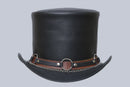 "Circle of Cool: Black Leather Hat with Iconic Metal Ring" Leathers Crafted