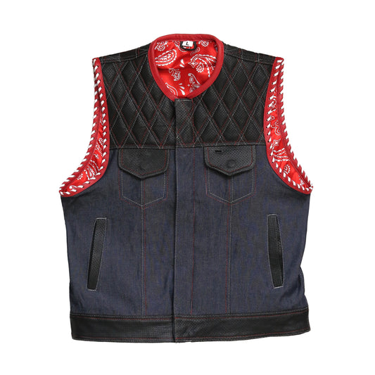 Denim Black And Red Biker Vest Leathers Crafted