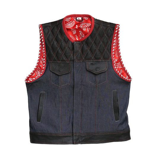 Denim Black And Red Biker Vest Leathers Crafted