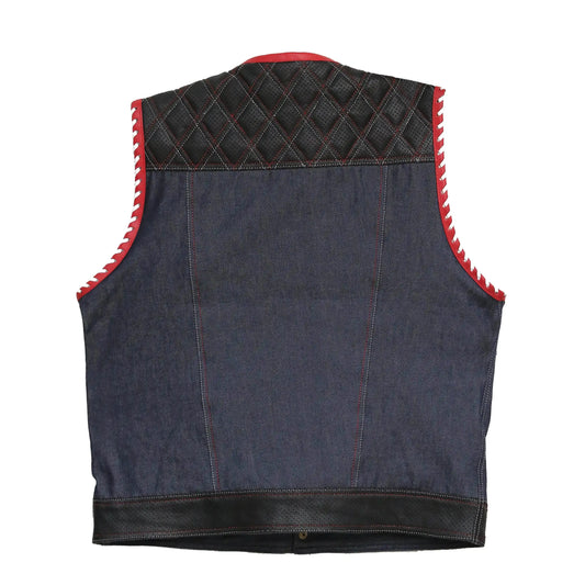 Denim Black And Red Biker Vest Leathers Crafted