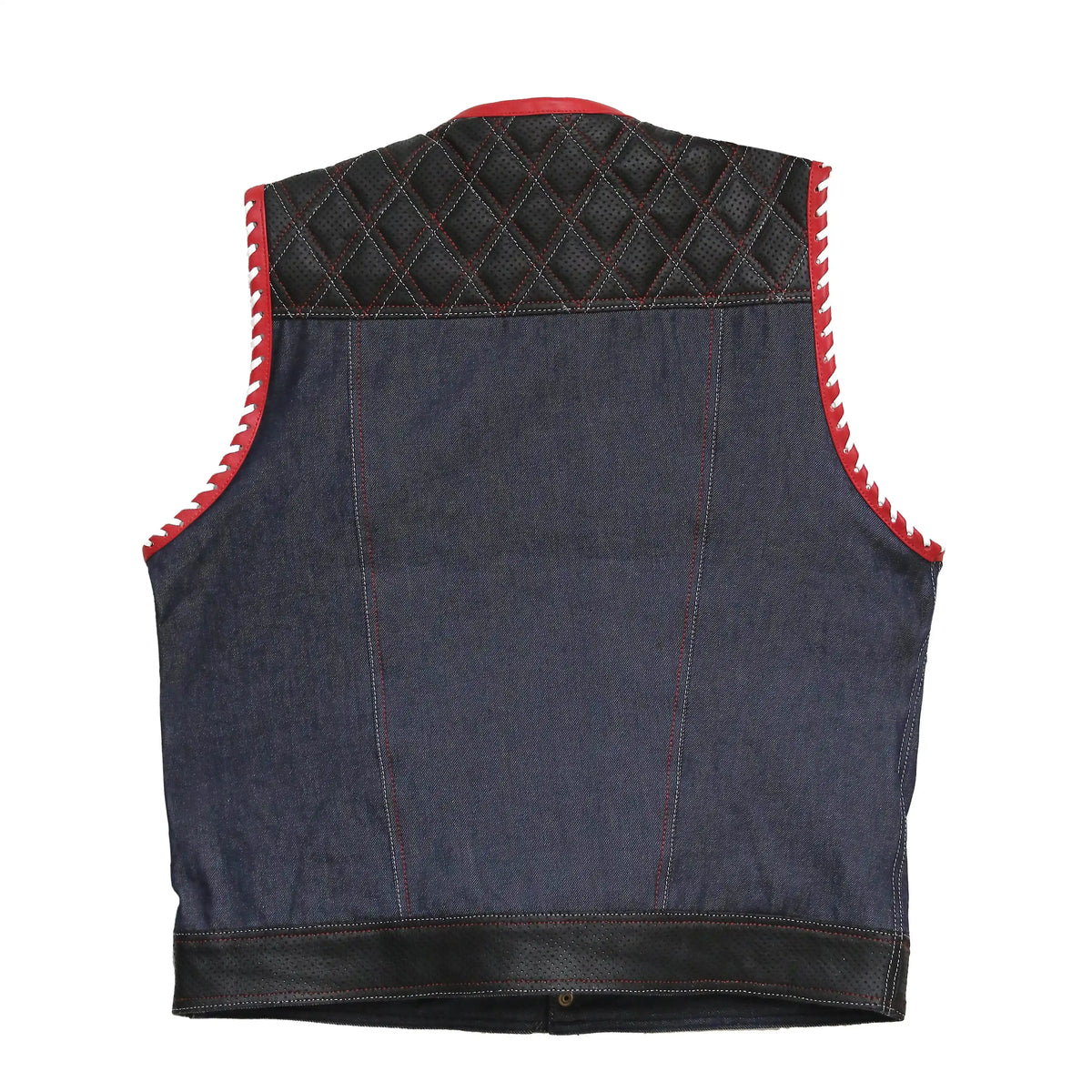 Denim Black And Red Biker Vest Leathers Crafted