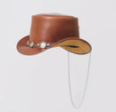 Brown Leather Hat With Chain and Metal logo Leathers Crafted