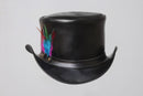 Black Leather Top Hat with Colorful Feather Accent Leathers Crafted