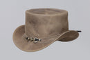 Distressed Brown Leather Top Hat with Decorative Band Leathers Crafted