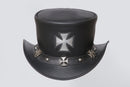 Gothic Black Leather Top Hat with Maltese Cross Design Leathers Crafted