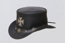 Gothic Black Leather Top Hat with Maltese Cross Design Leathers Crafted