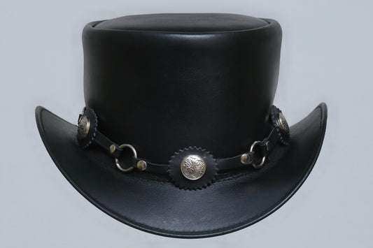 Black leather hat With Ring and Metal Logo Leathers Crafted