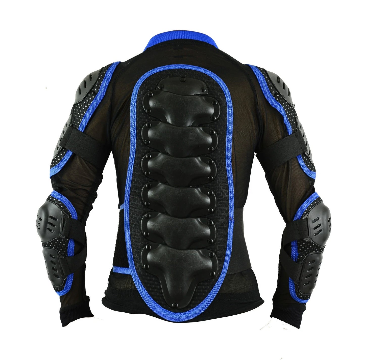 Black motorcycle protective jacket with blue trim and integrated black armor plates on the back, shoulders, and elbows