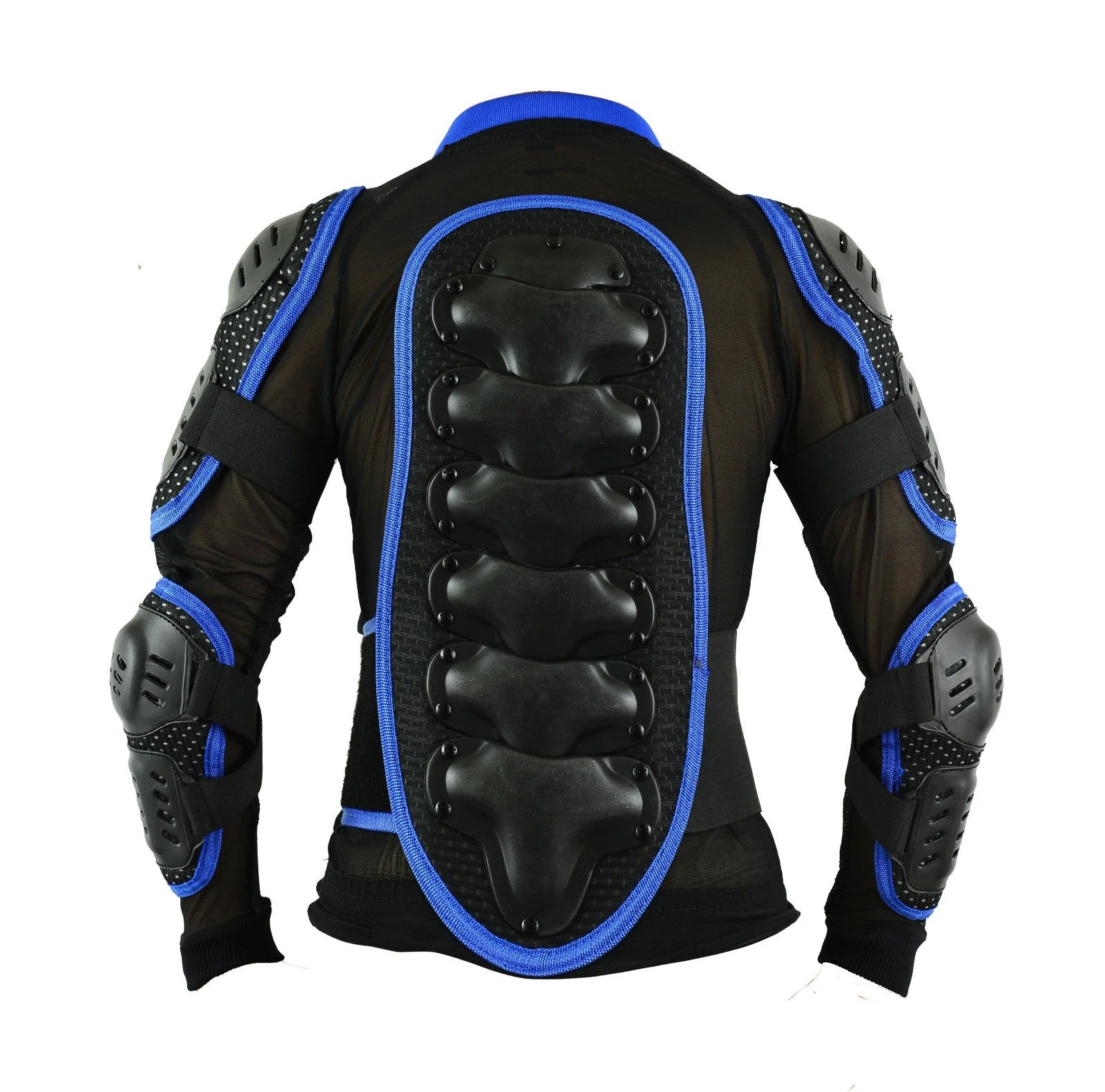 Black motorcycle protective jacket with blue trim and integrated black armor plates on the back, shoulders, and elbows
